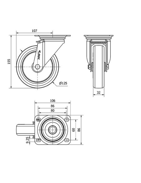 Alex RUEDA 2-2357 125MM GIRATORIA 200KG 106X86 POLIAMIX+PU MARRON