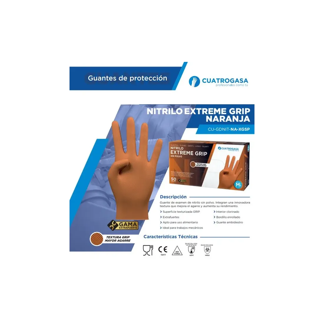 CUATROGASA Guante Nitrilo Extreme Grip T-L CU-GDNIT-NA-XGSP-L 50 Uds